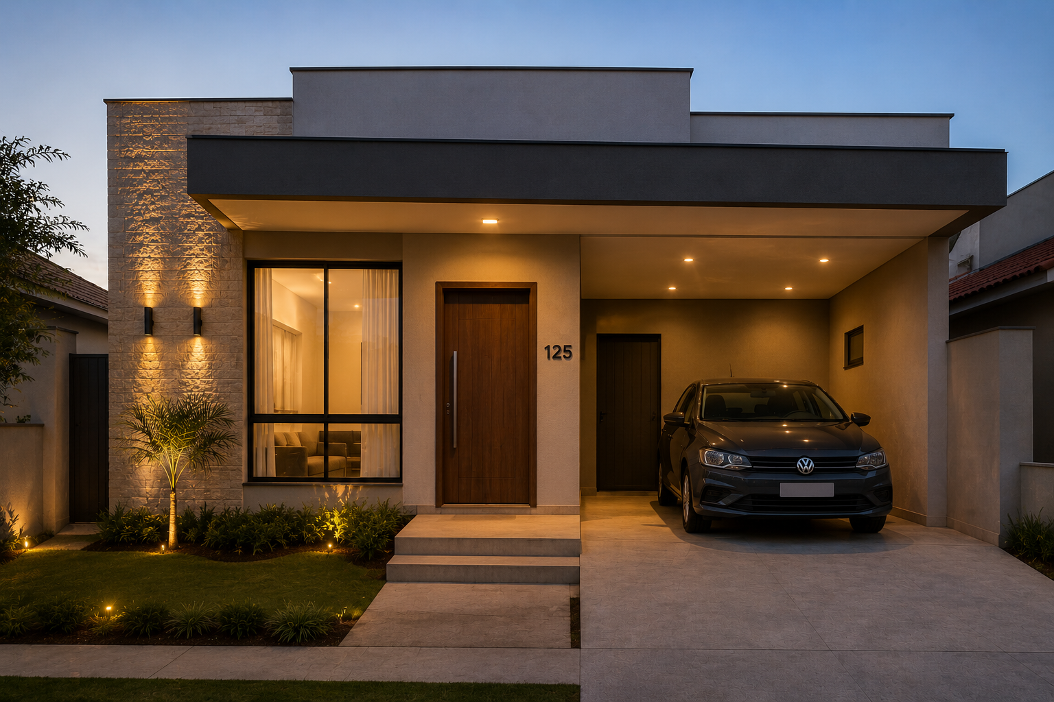 Casa moderna iluminada com veículo na garagem ao entardecer